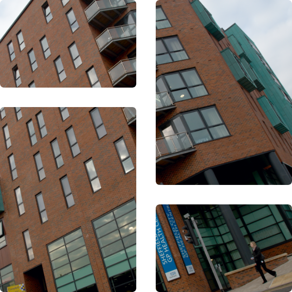 Photo montage of interior and exterior buildings at Sheffield