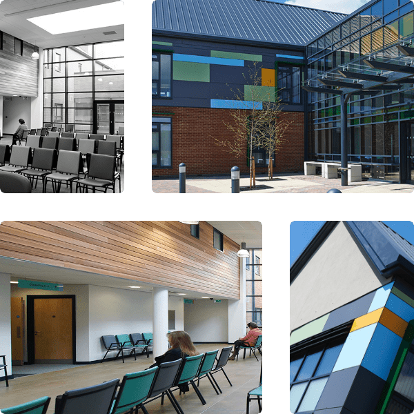 Photo montage of interior and exterior buildings