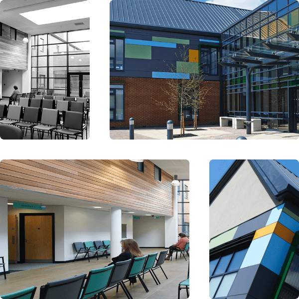 Photo montage of interior exterior buildings